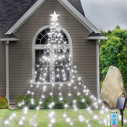 BAERTMY-Guirlande Lumineuse Solaire Pour Sapin De Noël, 2M X 9 Brins 198Led Guirlande Lumineuse Avec Étoile & 8 Modes, Télécommande, Étanche Lumineux Sapin De Noel Pour Jardin, Fête De Mariage