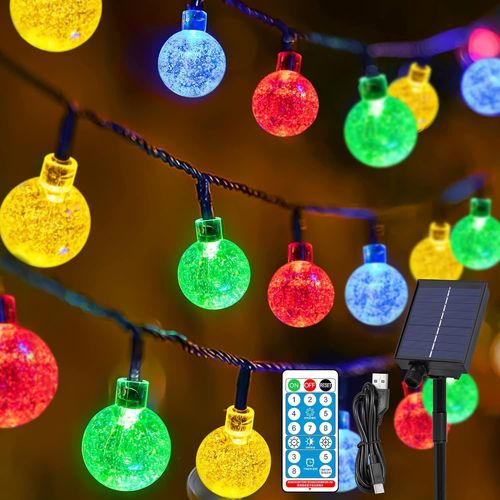 BAERTMY-Guirlande Lumineuse Extérieure Solaire Noël Guinguette, 11.5M/37Ft 60Led Cristal Boules Guirlande Solaire 8 Modes Ip65 Étanche Solaire Exterieur Jardinpour Mariages,Fêtes,Noël (Coloré)