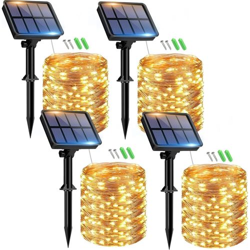 BAERTMY-Lot De 4 Guirlande Solaire Exterieur, 15+2M 150Led Guirlande Lumineuse Exterieure Solaire Étanche 8 Modes, Guirlande Extérieure Solaire Décoration Pour Jardin Terrasse Cour Maison Noël