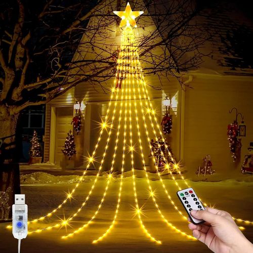 BAERTMY-Lumière Exterieur Noel, Usb Éclairage Solaire Noël, 9 * 2M Étanches 8 Modes 199 Leds Guirlande Lumineuse Avec Étoile Pour Sapin De Noël, Jardin, Fête, Festival Décoration