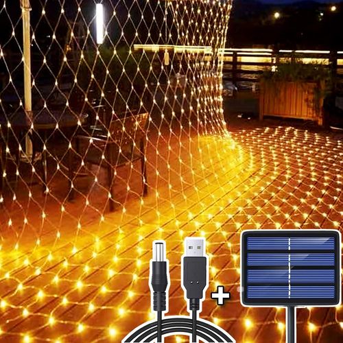 BAERTMY-204 Led Filet Lumineux Solaire, 3M*2M Guirlande Lumineuses Filet Solaire/Usb Alimenté, Rechargeable Balcon Clôture Maille D'Éclairage, Lumières Corde Fée Etanche Romantique Déco Noel, Blanc C