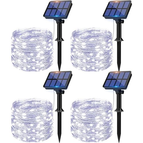 BAERTMY-[Lot De 4 Guirlande Solaire Exterieur, 12M 120 Led Guirlande Lumineuse Solaire Exterieure Étanche 8 Modes Décoration Lumière Pour Jardin Terrasse Cour Maison Noël Mariage Fête, Blanc Froid