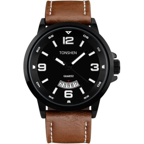 Chenquansarl-Montre Hommes Analogique Quartz Montres Homme Date Calendrier Bande De Cuir Et Lunette Acier Inoxydable Grand Cadran Montre