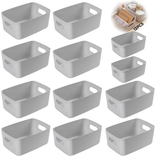 Yemaesre-12pcs Panier De Rangement,Panier Rangement Plastique,2 Taille(24.5x17.5x10cm)+(20x14x7 Cm),Boîtes De Rangement En Plastique Avec Poignées,Pour Cuisine,Salle De Bain,Chambre,Bureau. (Gris)