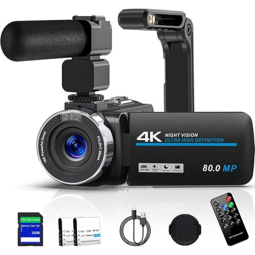 wagner-Caméra Vidéo 4K 80Mp Hd Caméscope Pour Youtube,30Fps Webcam Ir Vision Nocturne Vlogging Camera 18X Zoom Numérique 3.0 270°Ips Caméra Vidéo Camera Avec Carte Sd,2 Batteries,Télécommande Et