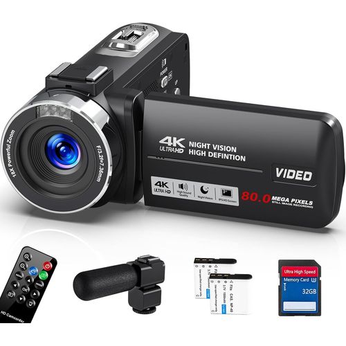wagner-Caméscope 4K 30Fps Caméra Vidéo 80Mp Zoom Numérique 18X Caméra Vlogging Pour Youtube Vision Nocturne Ir Écran Tactile Ips 3.0"" Caméscope Avec Carte Sd 32 Go,Microphone,Télécommande Et 2 Piles