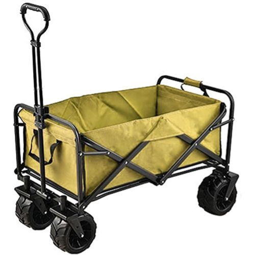 wagner-Kaki Chariot D'Extérieur Pliable,Chariot De Plage,Chariot De Jardin 4 Roues Poignée Réglable Charrette Pliants Chariot Avec Poches Latérales Et Roue De Plage