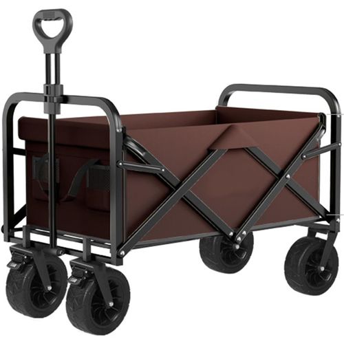 wagner-Chariot D'Extérieur Pliable,Brun Chariot De Plage,Chariot De Jardin 4 Roues Poignée Réglable Charrette Pliants Chariot Avec Double Frein Pour Extérieur