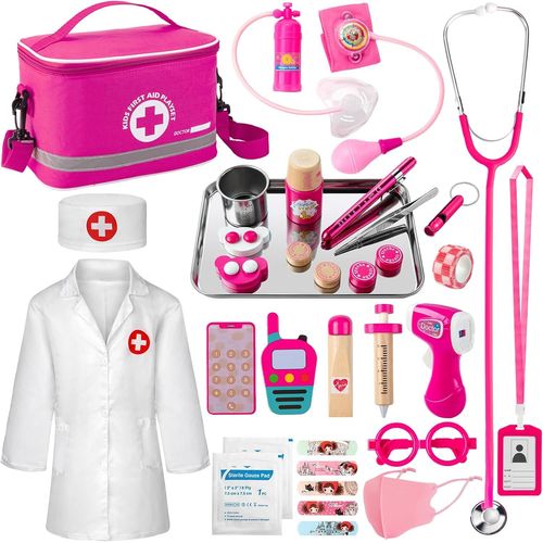 wagner-Mallette De Docteur En Bois Pour Enfant Avec Véritable Stéthoscope,Blouse De Médecin,Thermomètre,Seringue Et Sac De Médecin-Jouet D'Imitation Et Cadeau Pour Enfants Dès 3 Ans