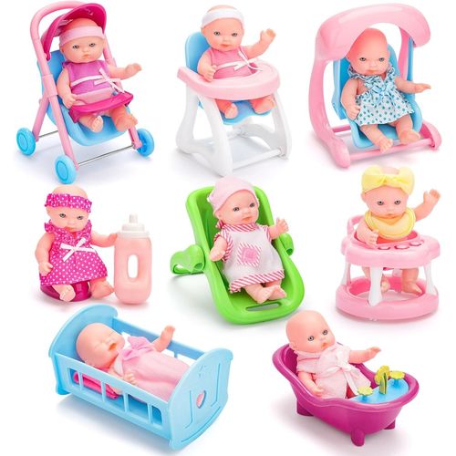 wagner-Set De 8 Poupées Avec 5 Accessoires Incluant Une Poussette,Une Baignoire,Un Berceau,Une Chaise Haute,Un Youpala Et Biens Plus!