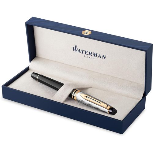 Wagner-Waterman Expert Stylo Plume | Métal Et Laque Noire Avec Finition Or Et Capuchon Ciselé | Plume Moyenne En Acier Inoxydable | Coffret Cadeau