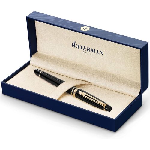 Wagner-Waterman Expert Stylo Plume | Noir Brillant Avec Attributs Dorés À L'or Fin 23 K | Plume Fine | Coffret Cadeau