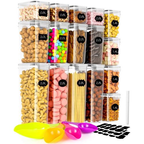 Chenquansarl-Lot De 16 Boite De Conservation Cuisine Avec Couvercle,Cuillères,Stylo Et Étiquettes Hermétique Organisation Pour Stocker Les Cereales,Pâtes,Farine(2,8l 2l 1,4l 0,8l)