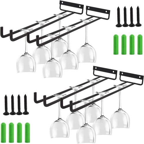 Chenquansarl-Support De Verre À Vin, 4 Pièces Porte-Verres À Vin Suspendu En Métal Accroche-Verres Pour Étagère Avec Vis Support Verre À Pied Pour Cuisine Café Bar Restaurant (30cm, Noir)