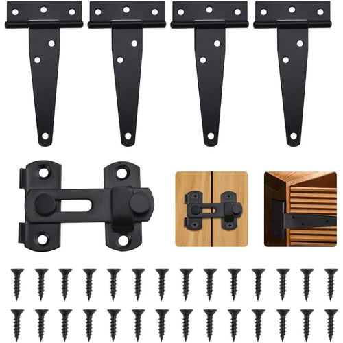 ChenQuanSarl-Pcs Charnière De Porte En T En Fer Galvanisé Charnière Porte De Grange Robuste Avec Loquet De Porte En Acier Inoxydable Et 28 Vis Charnières Pour Portes En Bois Fenêtres, Tiroirs(Noir)