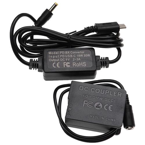 Alimentation USB vhbw compatible avec l'appareil photo Panasonic Lumix DMC-FZ1000, DMC-FZ200, appareil photo numérique + coupleur DC (en remplacement de Panasonic DMW-DCC8), 2m