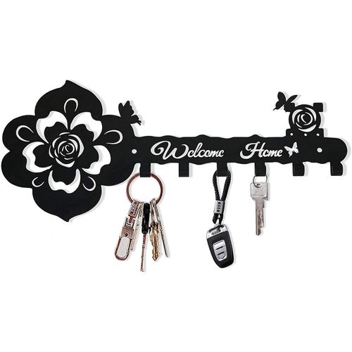 Boîte à clés murale décorative (noire), porte-clés mural avec 6 crochets en fer forgé, métal Art déco