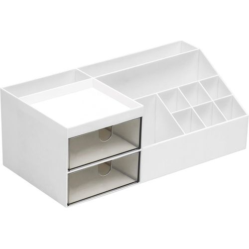 Organisateur Maquillage Blanc - Rangement Produit de Beauté & Fournitures de Bureau Multifonction pour Meuble, Commode & Salle de Bain - Compartiments avec Séparateurs & 2 Tiroirs