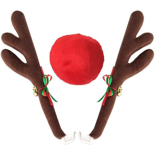 Décoration Noël Renne Voiture, Kit de Renne de Décoration de Voiture de Décoration de Véhicule de Noël avec Jingle Bells Rudolph Renne et Nez Rouge pour Accessoires de Voiture Bois de Noël