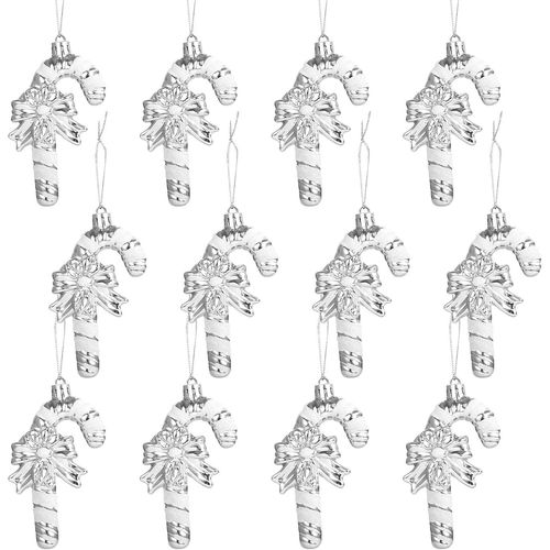 12 Cannes de Noël pailletées - argent, 11 cm, pour la décoration du sapin de Noël Cannes de Noël suspendues avec des rayures dorées et blanches