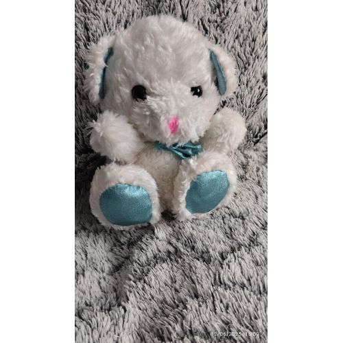 vintage peluche doudou ours blanc et bleu/noeud satiné