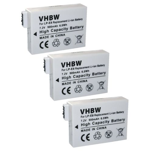 Batterie de remplacement vhbw 3x pour Canon LP-E8 pour appareil photo (900mAh, 7.2V, Li-ion)