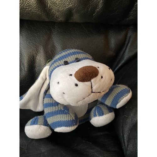 Peluche  doudou bébé chien cherokee Target, en tricot à rayures bleues et grises hochet 18 cm