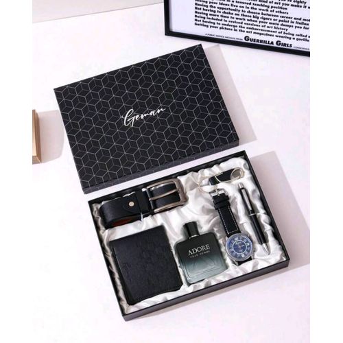Box Coffret Cadeau 5 En 1: Montre De Luxe, Porte Feuille, Porte Clé, Stylo & Parfum