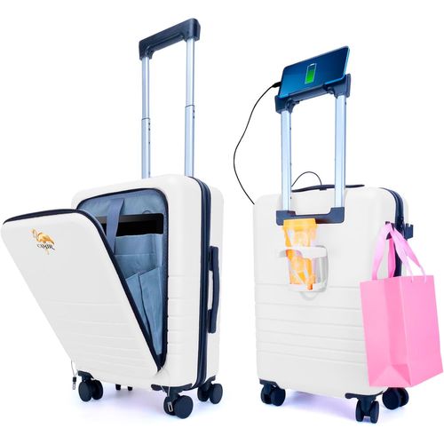 CAMIR-Valise de Voyage Cabine avec USB-Bagage Intelligente-Chariot de Cabine avec Poche Avant Portable 4 Roues Serrure TSA,55x35x23,5 ABS+PC (Blanc)