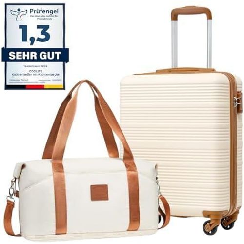 Set de 2 pièces easyJet Valise Cabine 55x40x20 ABS Valises et 1 Bagage Cabine Leger a 4 Roues,Serrure TSA (Blanc Marron,55×40×20 Set de Valises)