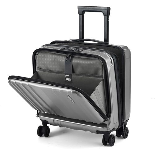 Bagage Cabine 16"" vec 2 Compartiments pour Ordinateur Portable,Valise ABS + PC avec TSA à Double Contrôle,YKK,4 roulettes,Affaires,Gris Argent