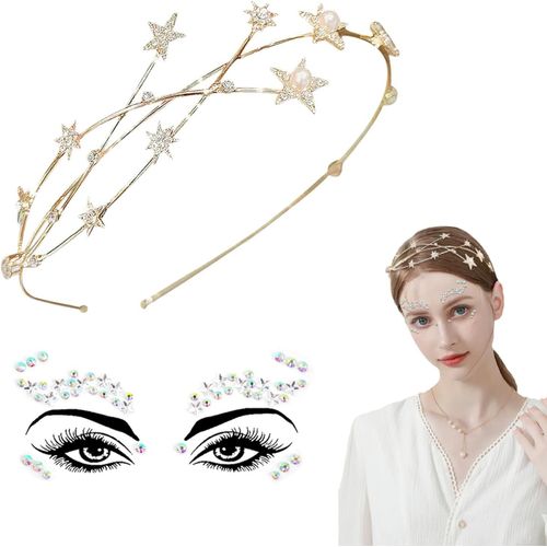 Bandeaux À Cheveux Doré,Bandeaux De Mariée Avec Strass (Attachement 1 Pièce Autocollant De Visage),Serre-Têtes À Strass,Serre Tete Mariage,Accessoires Pour Cheveux Femme,Fille Et Mariage