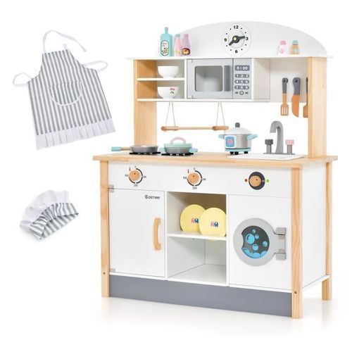 Cuisine Pour Enfants - Costway - 17 Accessoires - Bois De Pin - Blanc