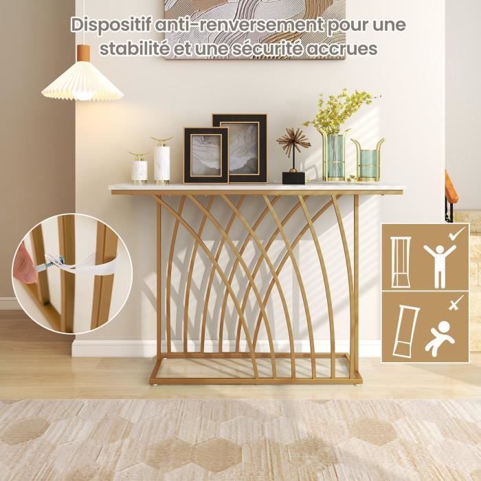 Table Console Design Géométrique - 100x30x80 Cm, Plateau Faux Marbre, Cadre Métal Doré, étagère, Kit Anti-basculement