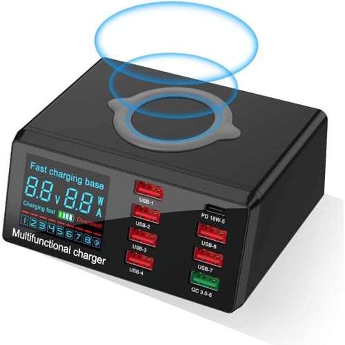 Chargeur Rapide Usb 8 Ports, Station De Usb Avec Chargeur Sans Fil, Chargeur Multi-Usb 100 W Qc 3.0 Pd18w Hub De Rapide Compatible Avec Tous Les Téléphones[Ind6171609]