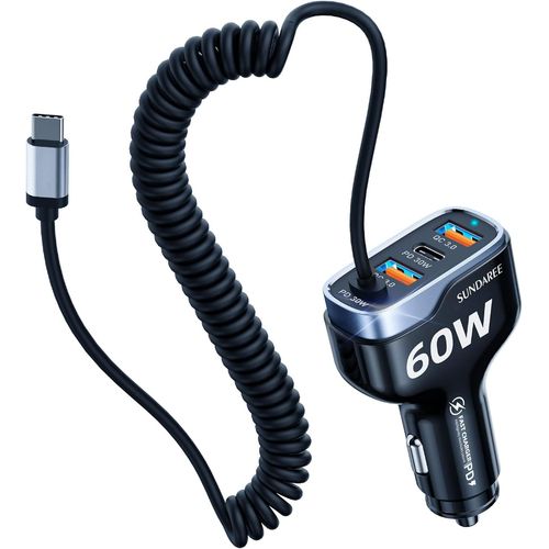 Chargeur Voiture Usb C,60w 4 Multi Port 12v Pd Qc Type C 1.8m Câble Spiralé Rapide Charge Prise Allume Cigare Automobile Chargeur For Xiaomi Redmi Note 11/Samsung Galaxy A22/Iphone[Ind6170690]