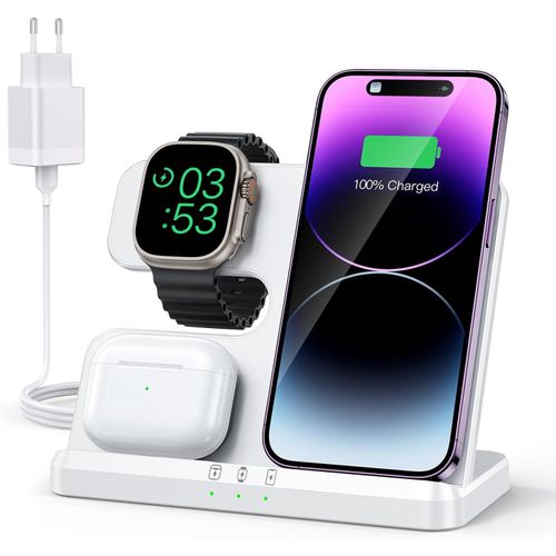 Chargeur Induction 3 En 1 Pour Iphone 15 14 13 12 11 Pro Max/Xr/8/Samsung, Station De Charge Pour Apple Watch 9/Ultra 2/Se/8/7/6/5/4, Base Chargeur Pour Airpods Pro/3/2 (Blanc)[Ind6170098]