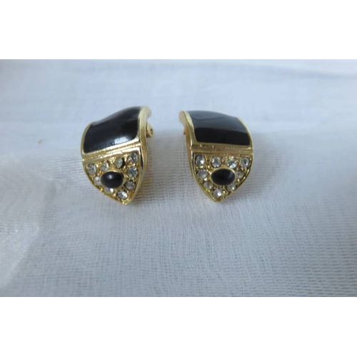 Clips Vintage Boucles D'Oreilles Noir Doré Et Strass