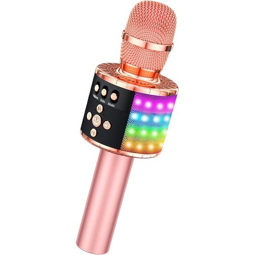 LETNERNY-Microphone Karaoké Sans Fil Bluetooth Avec Lumières Led Contrôlables, Haut-Parleur Portable Pour Karaoké, Cadeau D'Anniversaire De Fête, Jouet De Voyage Pour Android/Iphone/Ipad/Pc (Or Rose)