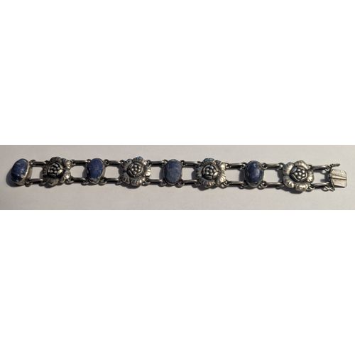 Bracelet Fleurs Et Lapis Lazzuli Georg Jensen Vintage Danois En Argent Massif 830 Art Déco Numéroté