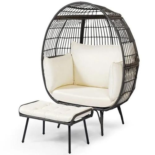 Costway Salon De Jardin Extérieur Avec Ottoman, Chaise ?uf En Rotin Pe 2 Pcs Avec Coussins, Repose-Pieds, Pour Intérieur Extérieur