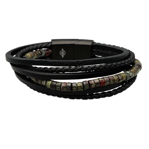 Bracelet Cuir Noir Lisse Et Tressé Avec Perle De Heishi Jaspe Sang De Dragon