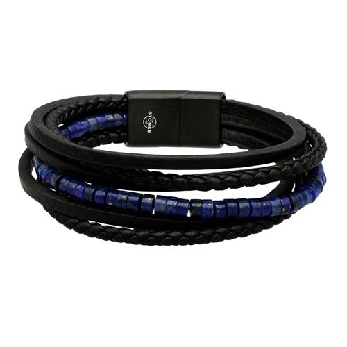 Bracelet Cuir Noir Lisse Et Tressé Avec Perle De Heishi Lapis