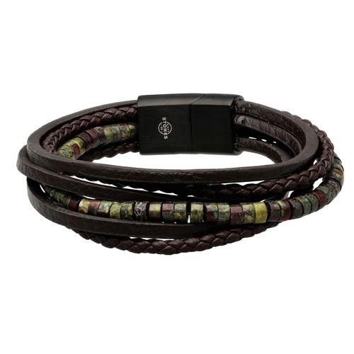 Bracelet Cuir Marron Lisse Et Tressé Avec Perle De Heishi Jaspe Sang De Dragon