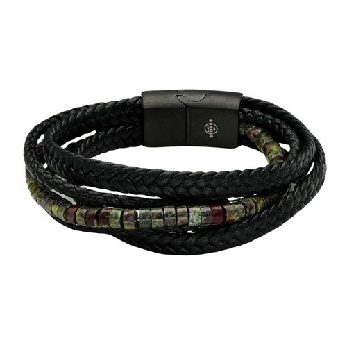 Bracelet Cuir Noir Tressé Avec Perles Heishi Kaki Jaspe Sang De Dragon