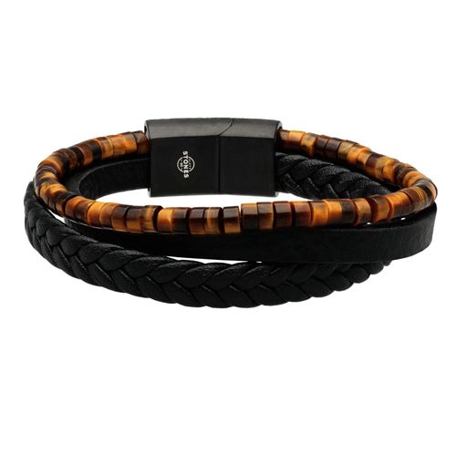 Bracelet Cuir Noir Lisse Et Tressé Avec Perle De Heishi ?il De Tigre