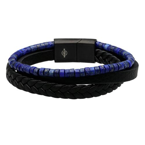 Bracelet Cuir Noir Lisse Et Tressé Avec Perle De Heishi Lapis