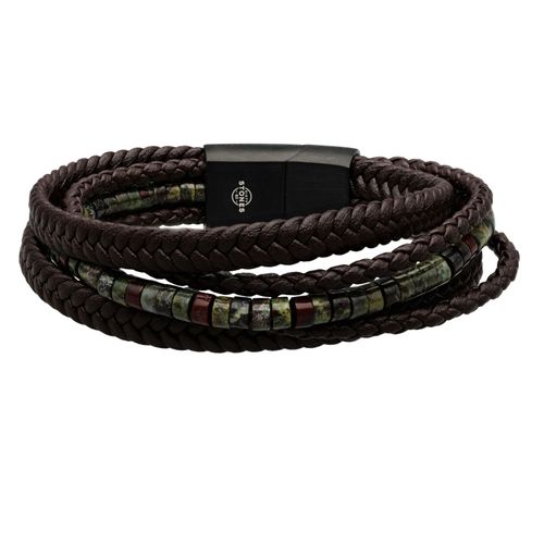 Bracelet Cuir Marron Tressé Avec Perle De Heishi Jaspe Sang De Dragon