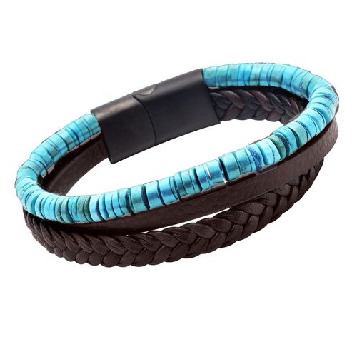 Bracelet Cuir Noir Lisse Et Tressé Avec Perle De Heishi Turquoise