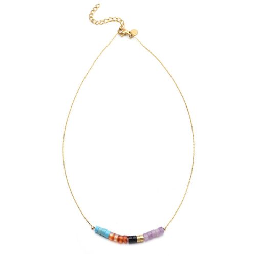Collier Perles Heishi Pierres Naturelles Turquoise Améthyste Onyx Jaspe Rouge